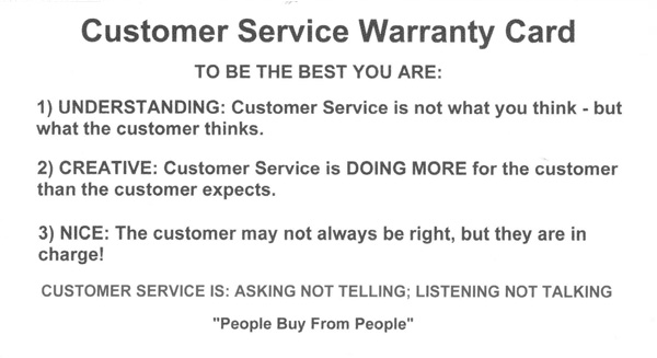 Customer Service Warranty Card from Hal Becker, Sales Trainer, Sales Speaker, Sales Management and Customer Service Trainer