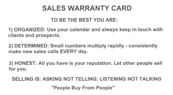 Sales Warranty Card from Hal Becker, Sales Trainer, Sales Speaker, Sales Management and Customer Service Trainer